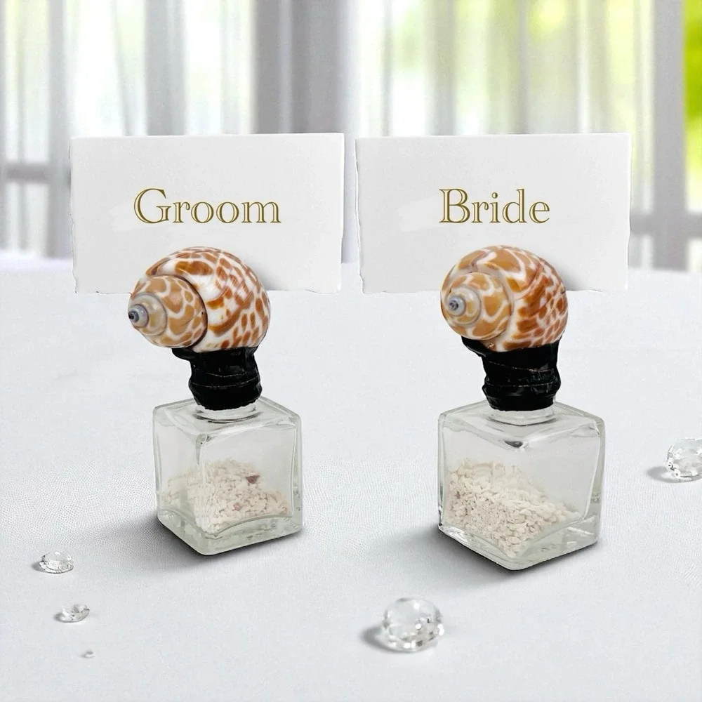 Pottery Barn Cowrie Shell & Sand Place Card Holder‎ Set 2 Bottle Beach Holders